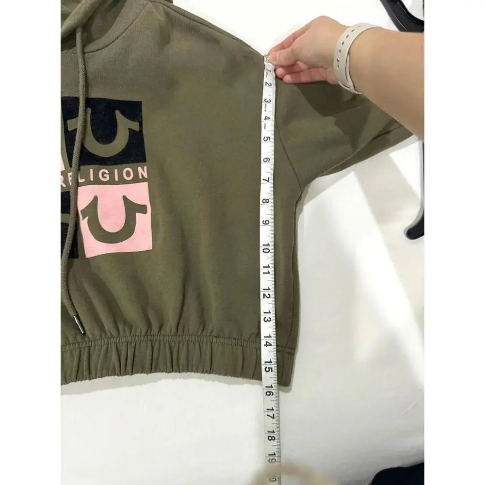 True Religion Army Green And Pink Logo Cropped Hoodie Sweatshirt- Size Small - Picture 5 of 9